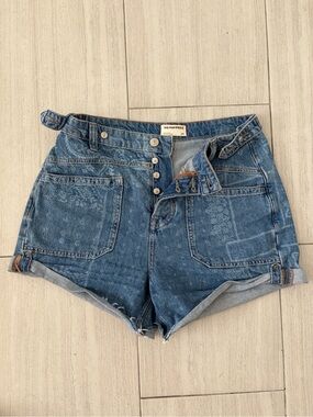 We The Free Distressed Blue Floral Denim Button-Front Shorts